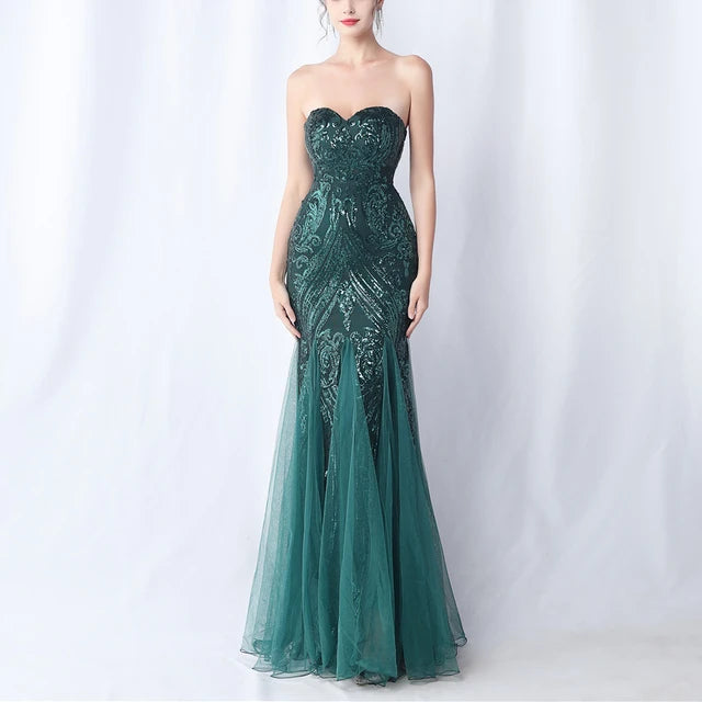 New High Waist Slim Fishtail Party Long Dresses Woman Tube Top Sleeveless Backless Sequined Evening Dress