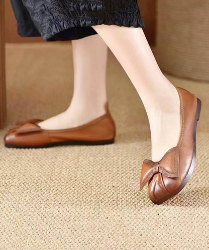 Green Bow Cowhide Leather Comfortable Flats Shoes