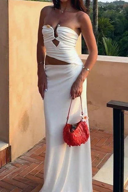 Strapless Hollow White Maxi Dress