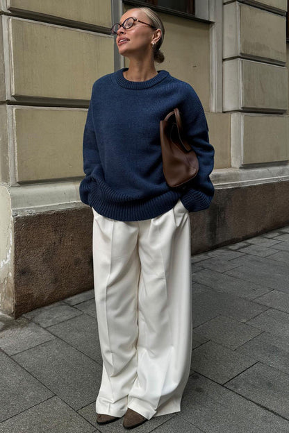 Color Relaxed Fit Crew Neck Knit Sweater