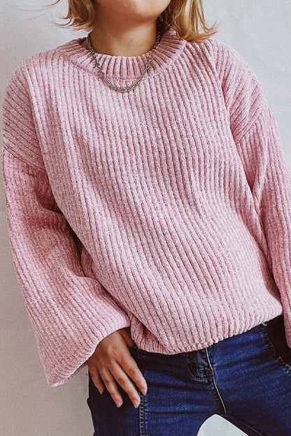 Color Round Neck Lantern Sleeve Short Knitted Sweater