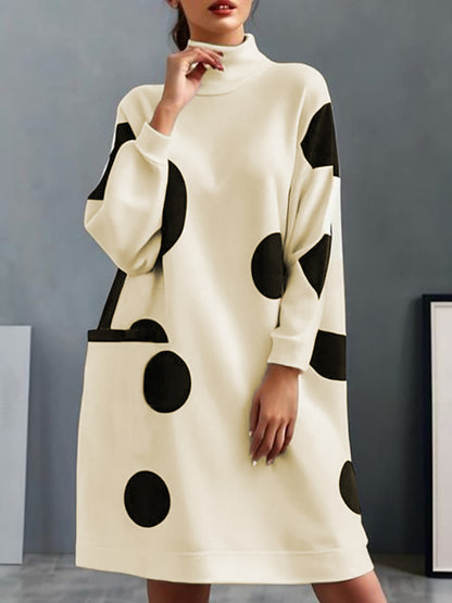 Long Sleeves Loose Pockets Polka-dot Mock Neck Midi Dresses