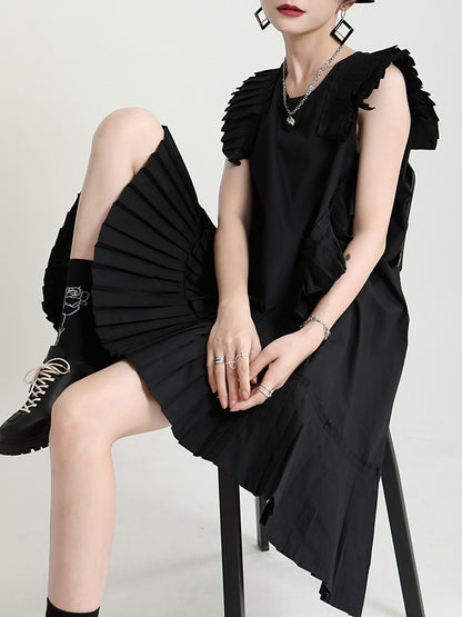 Flying Sleeves Loose Asymmetric Pleated Color Split-joint Round-neck Midi Dresses