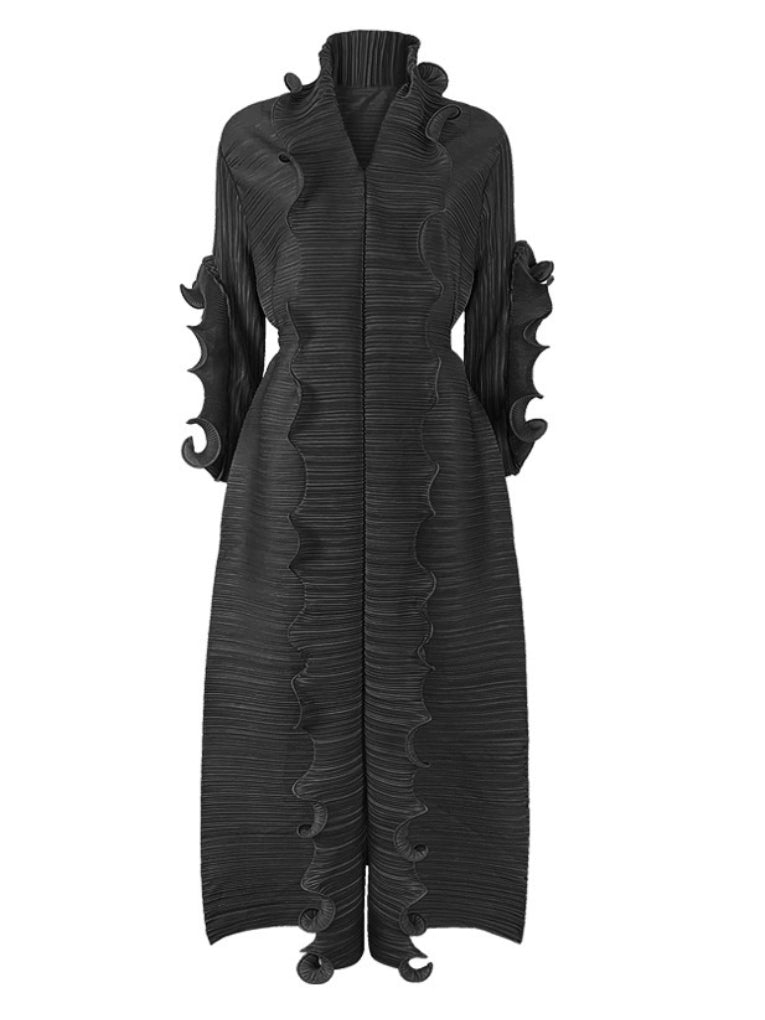 Original Loose Long Sleeves Tied Pleated Falbala Color V-neck Maxi Dresses