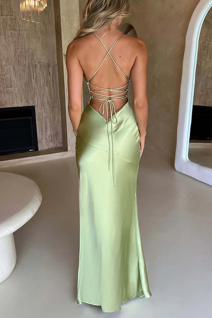 Satin Color Backless Lace Up High Slit Maxi Dress