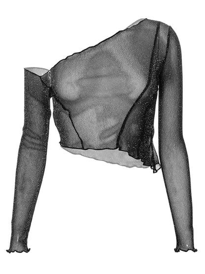 Sheer Mesh Crop Top Tee Summer See-through One-shoulder Tops for Slim Cropped Mesh Lace Black T-shirt