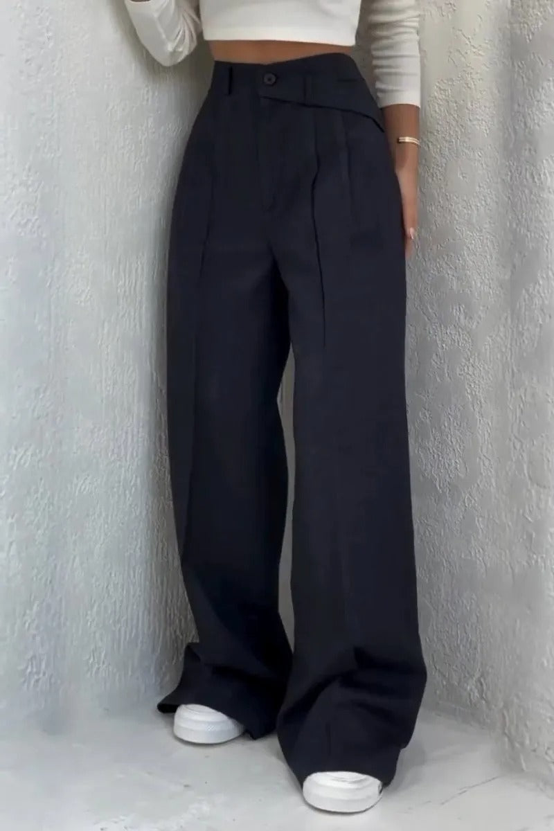 Button High Waist Long Fluid Pants