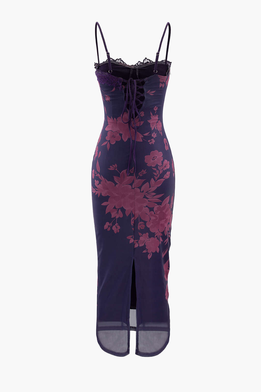 Lace Trim Slit Maxi Dress With Print