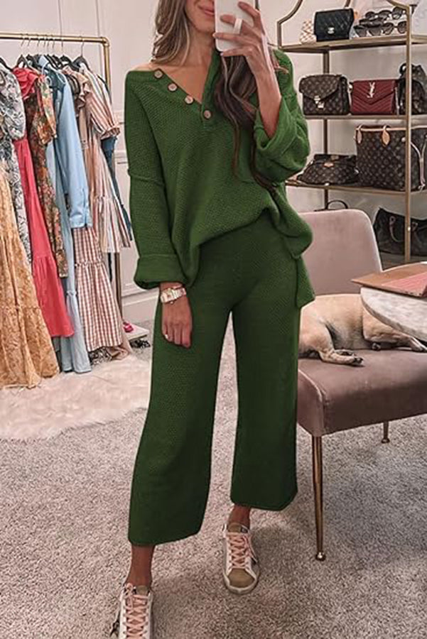 Heather Hailey Color Button V Neck Top and Pant Two Piece Set