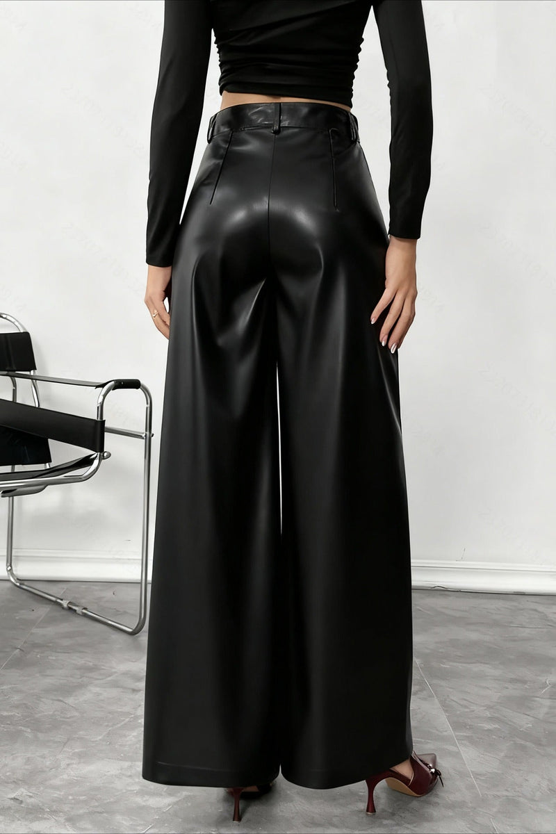 High Waist Fluid Black Pu Leather Wide Leg Pants