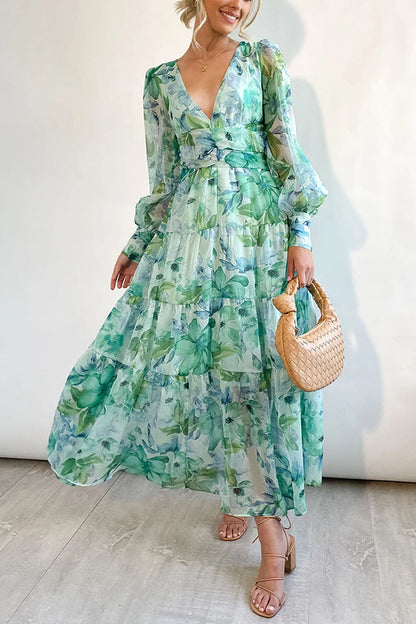 Olena Abstract Balloon Sleeves Maxi Dress (the Back Is Stretchy)
