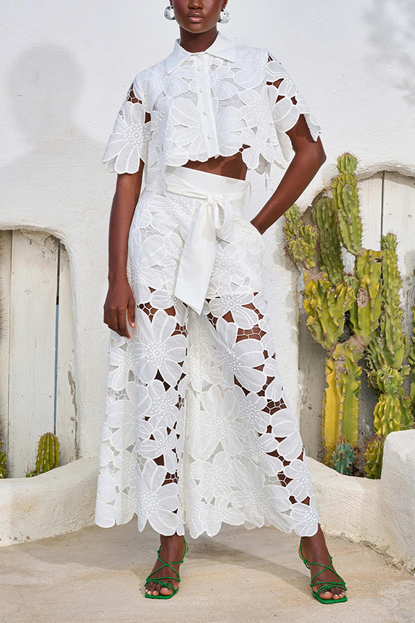 Redefining Elegance Lace Cropped Shirt and Belt Pocketed Wide Leg Pants Set