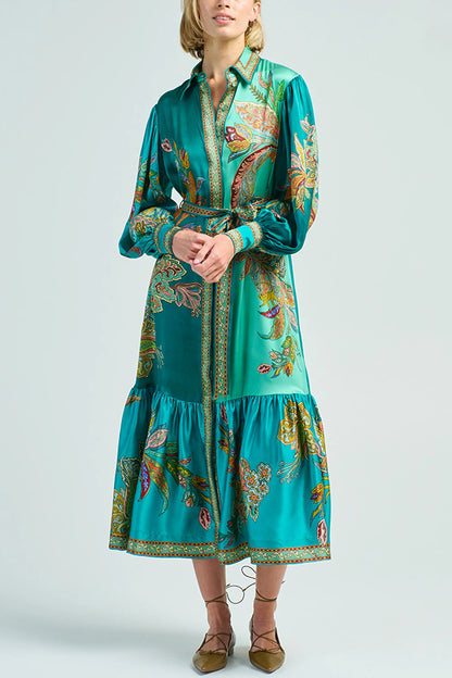 Resort Style Satin Unique Printed Lapel Lantern Sleeve Lace-up Midi Dress