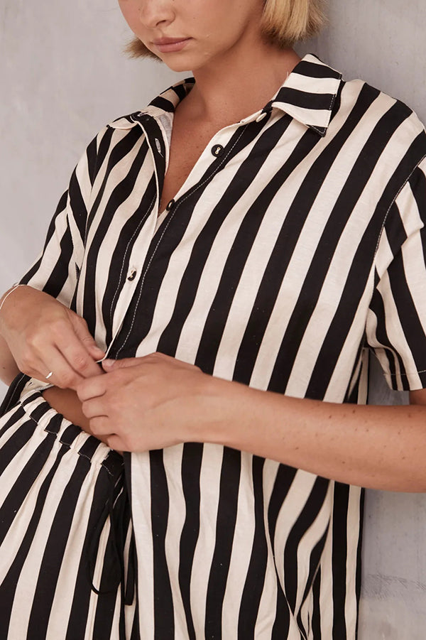Erika Striped Shirt and Elastic Waist Pocket Wide Leg Pants Set