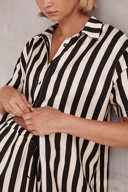 Erika Striped Shirt and Elastic Waist Pocket Wide Leg Pants Set