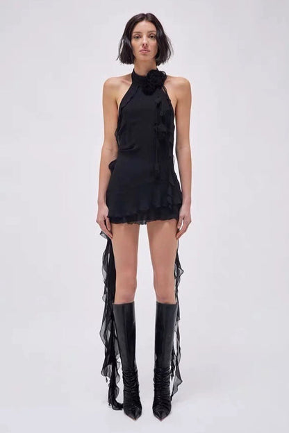 Asymmetric Rose Halter Mini Dress