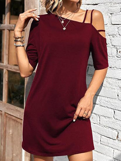 Loose Short Sleeves Asymmetric Color One-shoulder Mini Dresses
