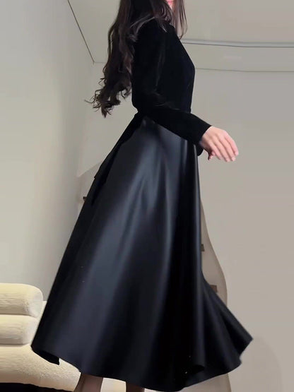A-line Long Sleeves Pleated Split-joint Zipper Mock Neck Maxi Dresses