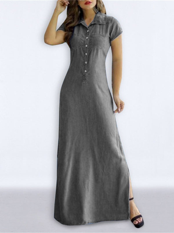 High Waisted Buttoned Pockets Split-side Lapel Maxi Dresses