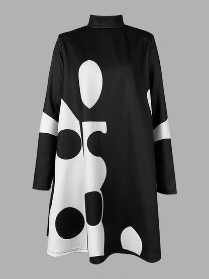 A-line Long Sleeves Polka-dot Split-joint Mock Neck Mini Dresses