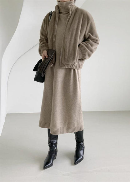 Timeless Elegance - High Collar Wool Sweater Dress
