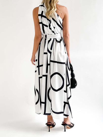 Loose Sleeveless Bandage Contrast Color Hollow Printed One-shoulder Midi Dresses