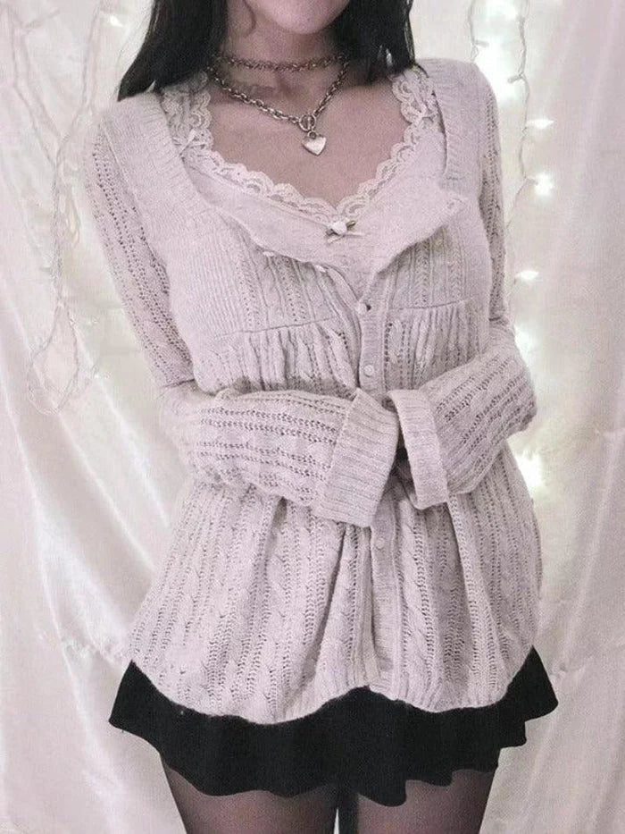 Beige Pointelle Square Neck Knit Cardigan