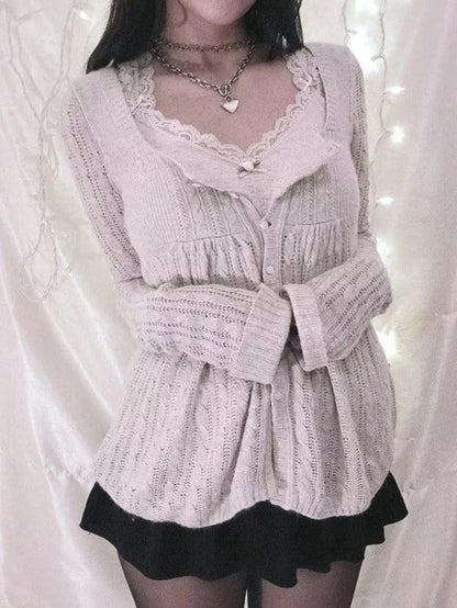 Beige Pointelle Square Neck Knit Cardigan
