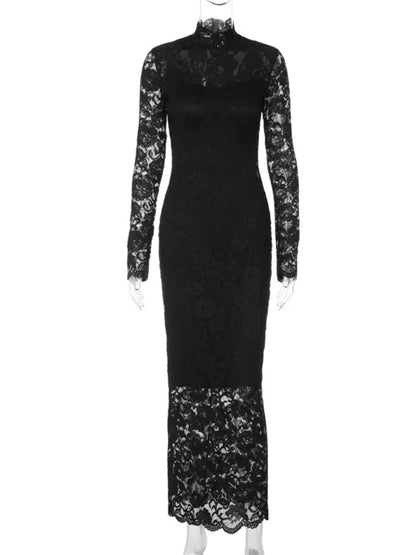 Long Sleeved Lace Patchwork Long Dress Summer New Slim Fit Bodycon Party Evening Dress