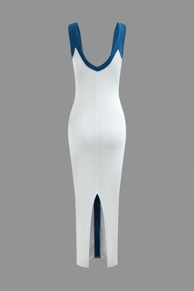 Colorblock V Neck Knit Slim Split Maxi Dress