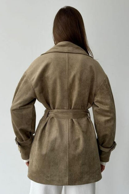 Suede Lapel Tie Waist Jacket Coat