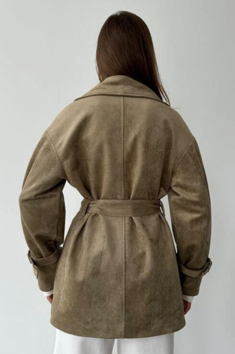 Suede Lapel Tie Waist Jacket Coat
