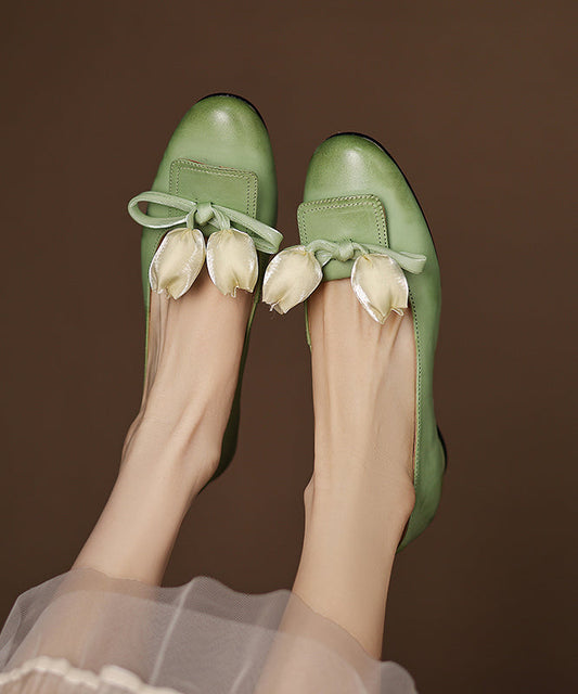 Green Bow Splicing Cowhide Leather Flat Shoes