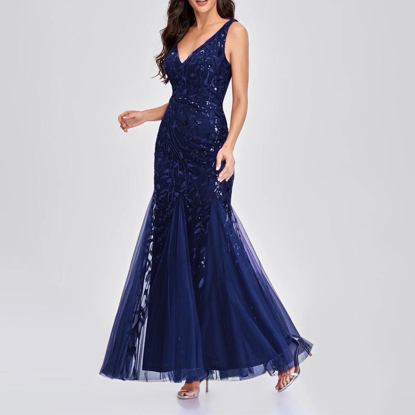 Long Ball Gowns for Sparkly Formal Chiffon Sequin Dress V Neck Prom Maxi Dress Bodycon Mermaid Evening Gowns