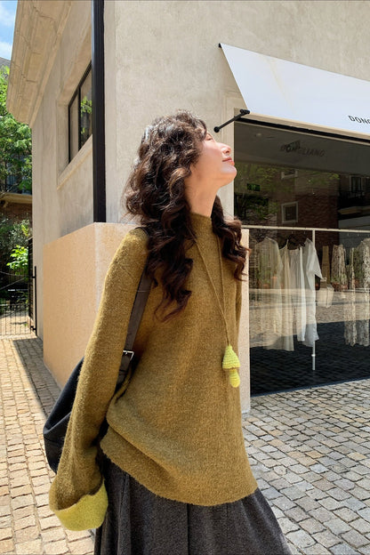Color-block Mock Neck Loose Lazy-style Knit Sweater