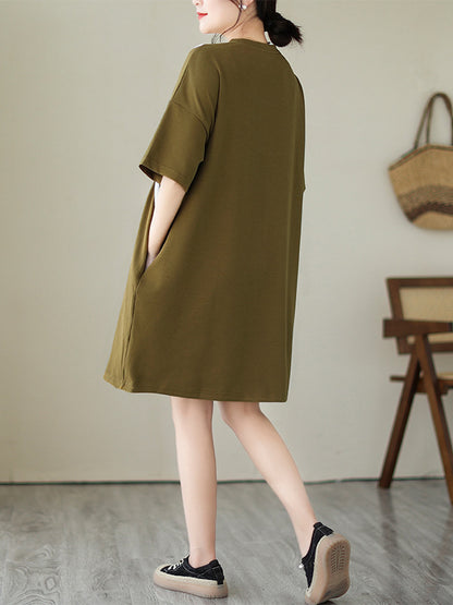 Loose Short Sleeves Split-joint Round-neck Mini Dresses