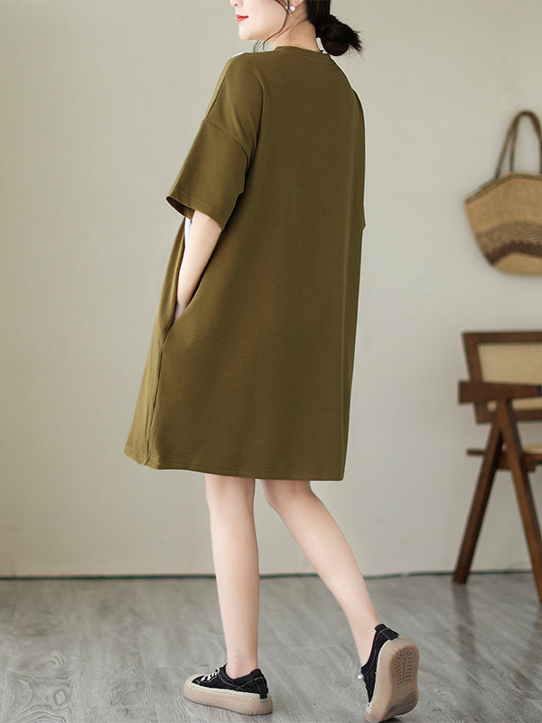 Loose Short Sleeves Split-joint Round-neck Mini Dresses