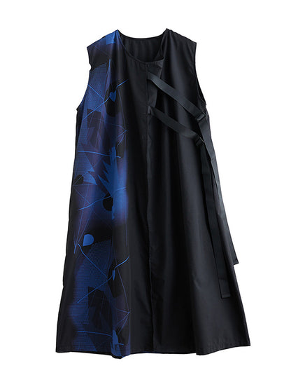 Loose Sleeveless Printed Round-neck Midi Dresses