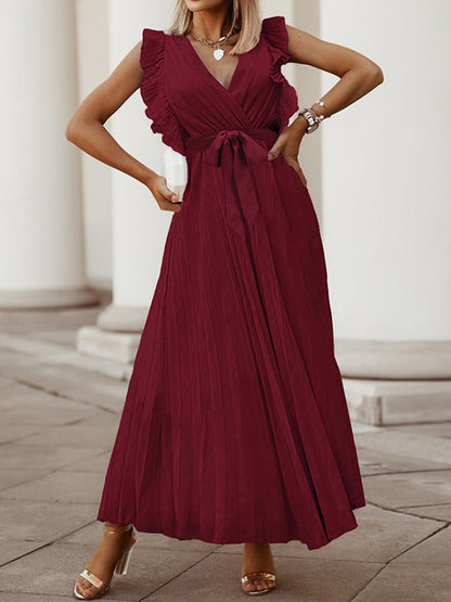 Loose Sleeveless Pleated Color Split-joint Tied Waist V-neck Maxi Dresses