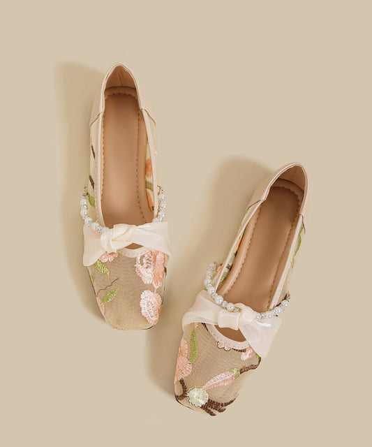 Retro Pink Embroidered Splicing Flat Shoes for