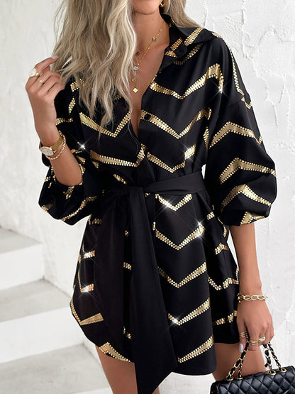 Long Sleeves Loose Buttoned Elasticity Striped Tied Waist Lapel Mini Dresses Shirt Dress