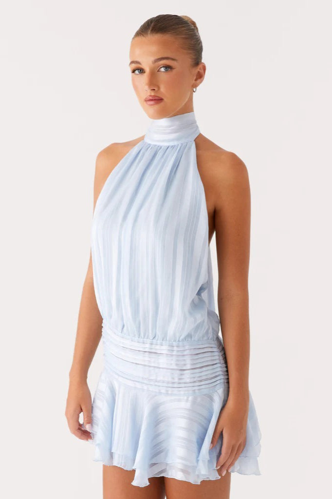Halter Satin Jacquard Stripe Mini Dress