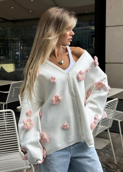 Blush Bloom - 3d Knit Cardigan With V-neck