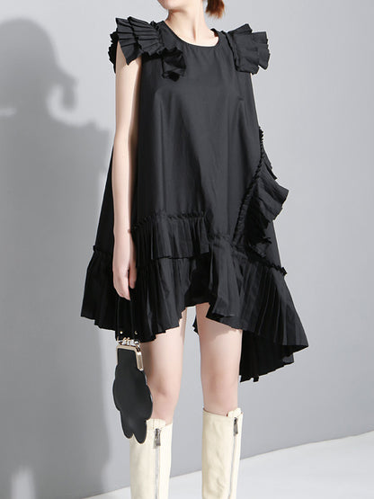 Flying Sleeves Loose Asymmetric Pleated Color Split-joint Round-neck Midi Dresses
