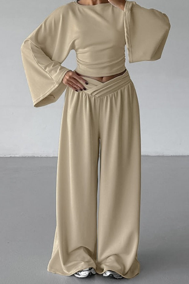 Cinched Waist Flared Sleeve Top Palazzo Pants Set