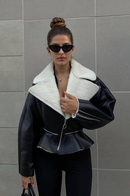 Odd Zip Leather Fur Pieced Coat