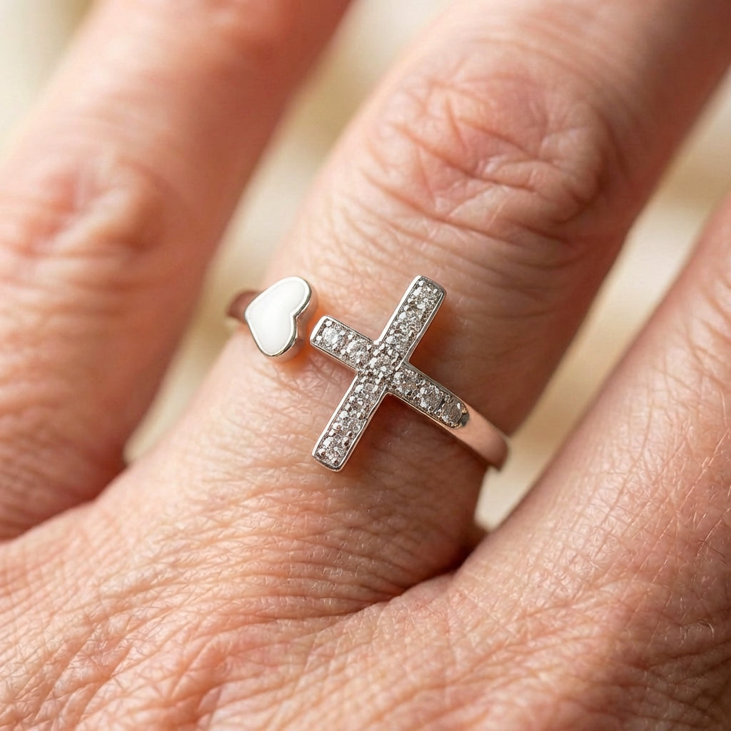 Vintage Love Cross Silver Resizable Ring