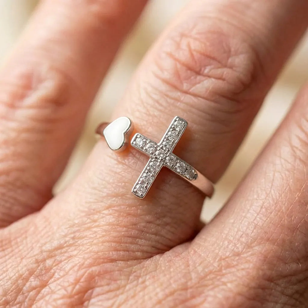 Vintage Love Cross Silver Resizable Ring