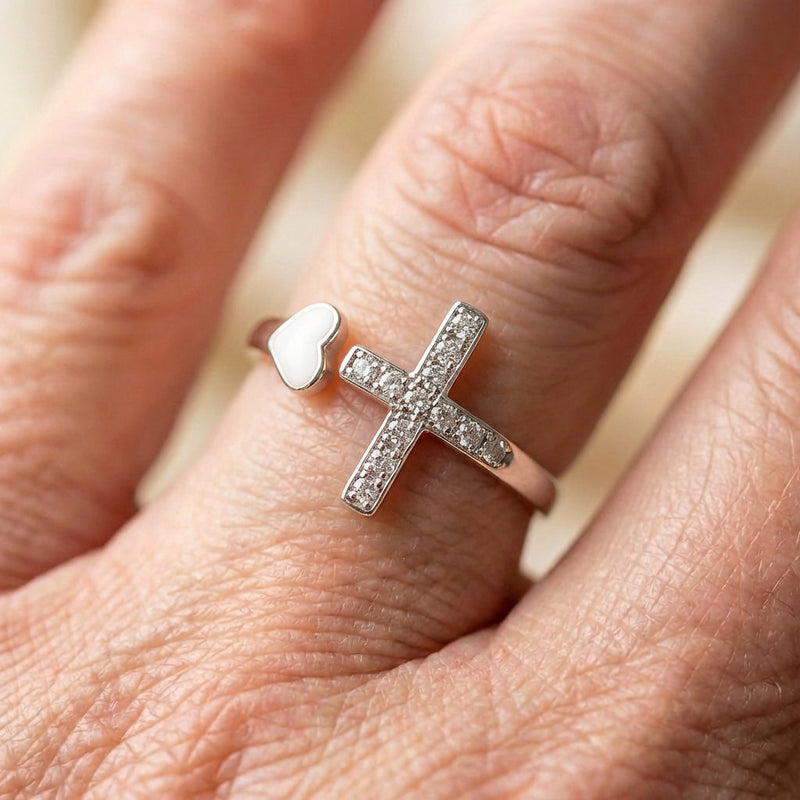 Vintage Love Cross Silver Resizable Ring