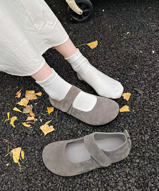 Grey Suede Buckle Strap Splicing Flat Feet Shoes